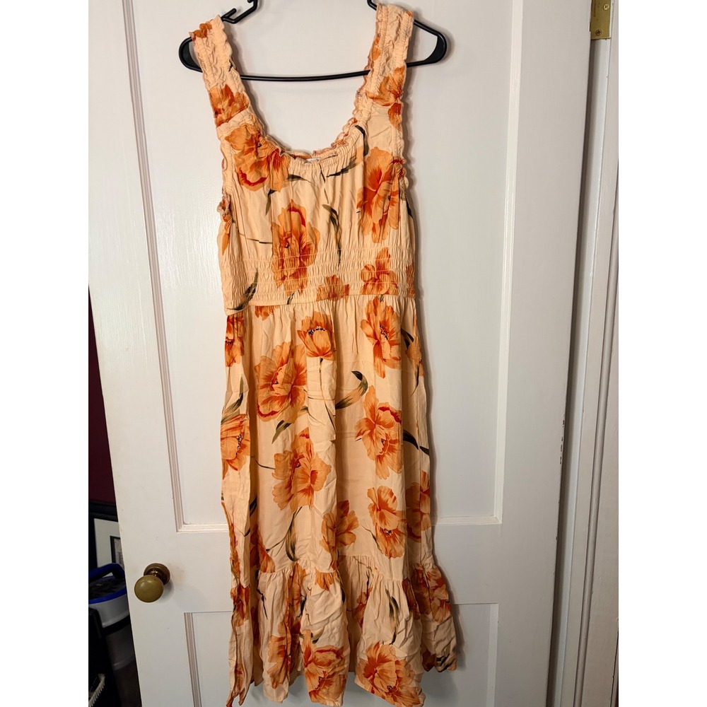 Patrons of Peace Orange Floral Smocked Midi Dress Peach Boho Ruffle Large